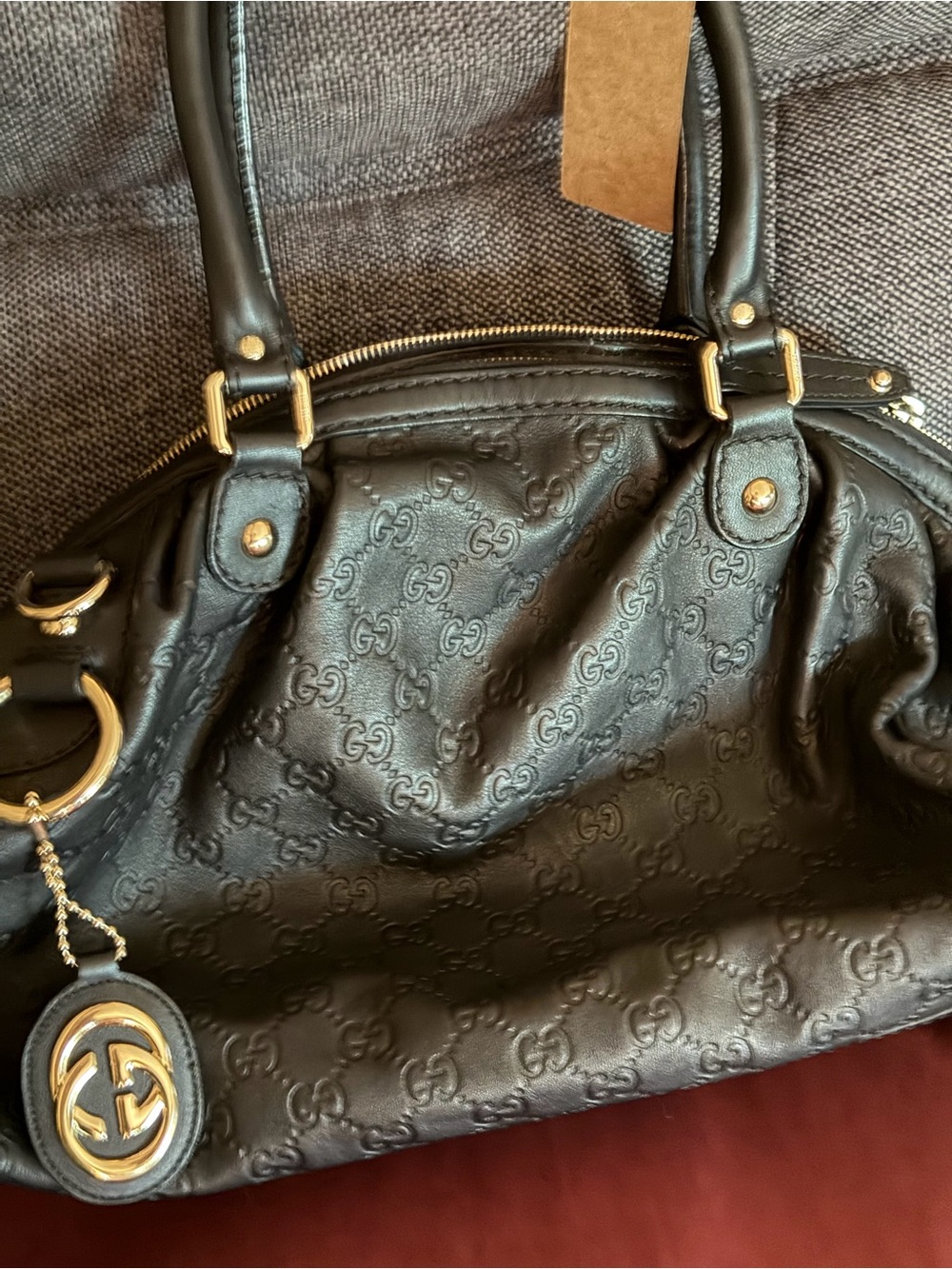 Gucci Black Embossed Leather Shoulder Bag with Gold Hardware Comes with strap